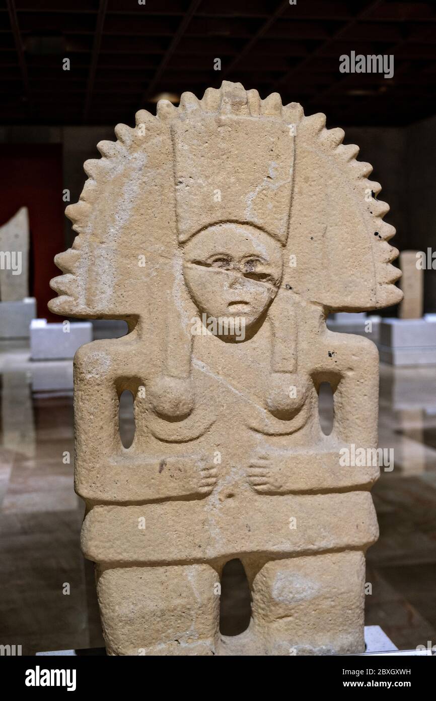 Totonacs stone sculptures from the El Zapotal archeological  site on display at the Museum of Anthropology in the historic center of Xalapa, Veracruz, Mexico. The Totonac civilization were an indigenous Mesoamerican civilization dating roughly from 300 CE to about 1200 CE. Stock Photo