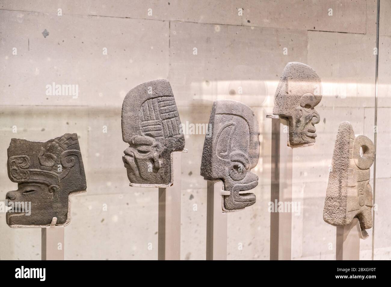 Stone sculptures from prehispanic Mesoamerican cultures on display at the Museum of Anthropology in the historic center of Xalapa, Veracruz, Mexico. Stock Photo