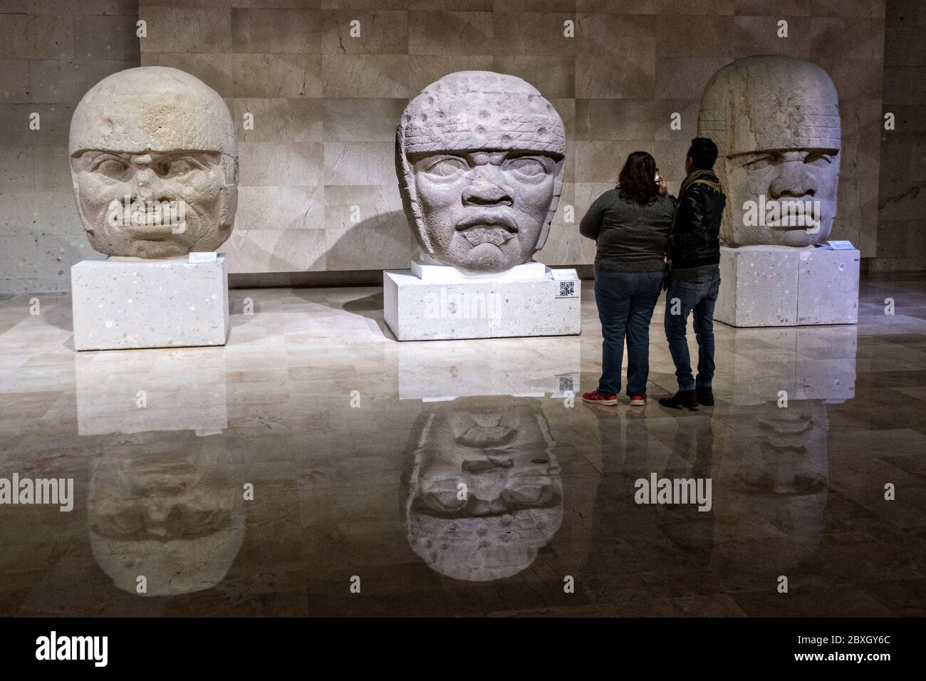 Tourist view colossal Olmec stone heads at the Museum of Anthropology in the historic center of