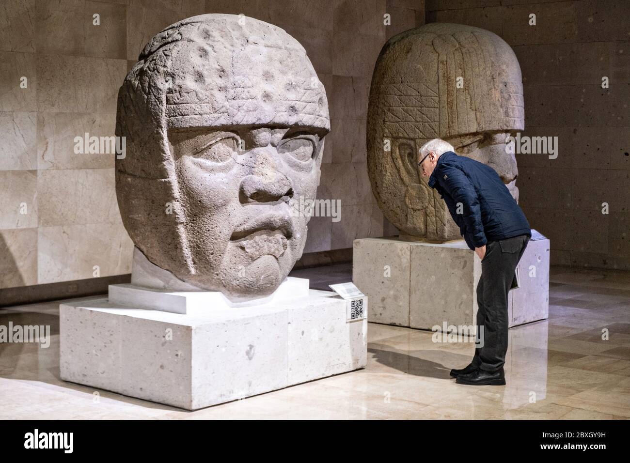 Tourist view colossal Olmec stone heads at the Museum of Anthropology
