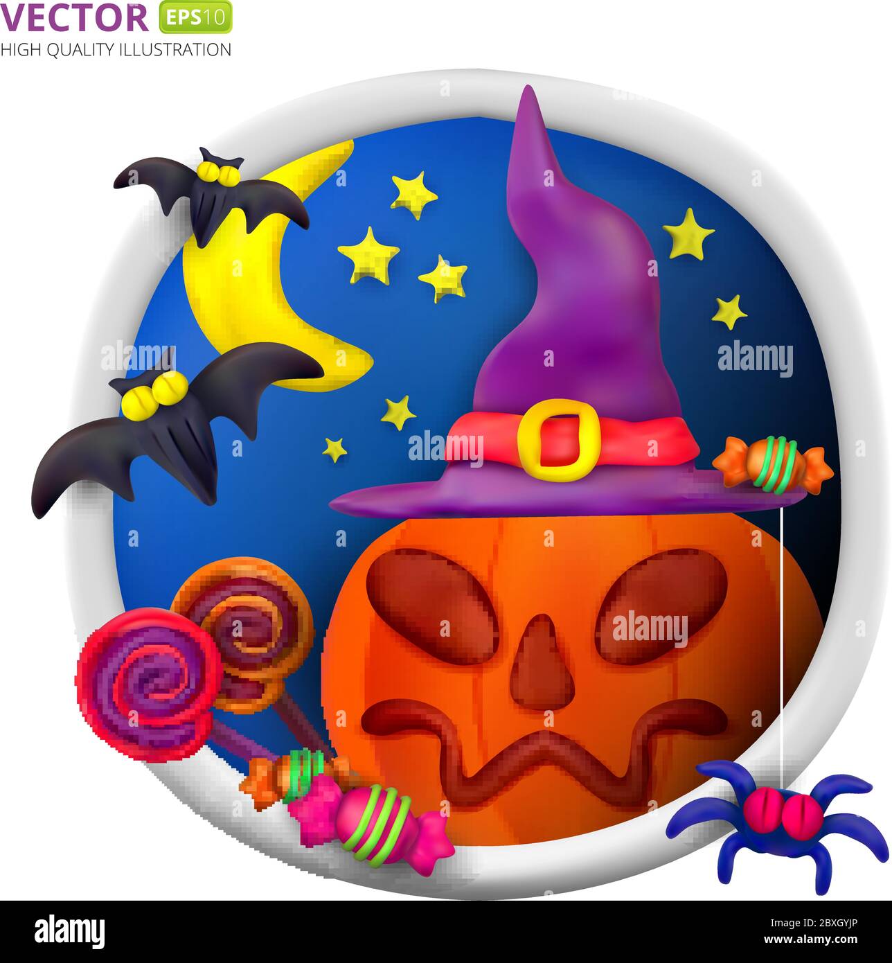 Handmade vector Plasticine round greeting card for Halloween. Vector illustration of moon, bat, pumpkin, spider, candy, hat and lollipop isolated on w Stock Vector