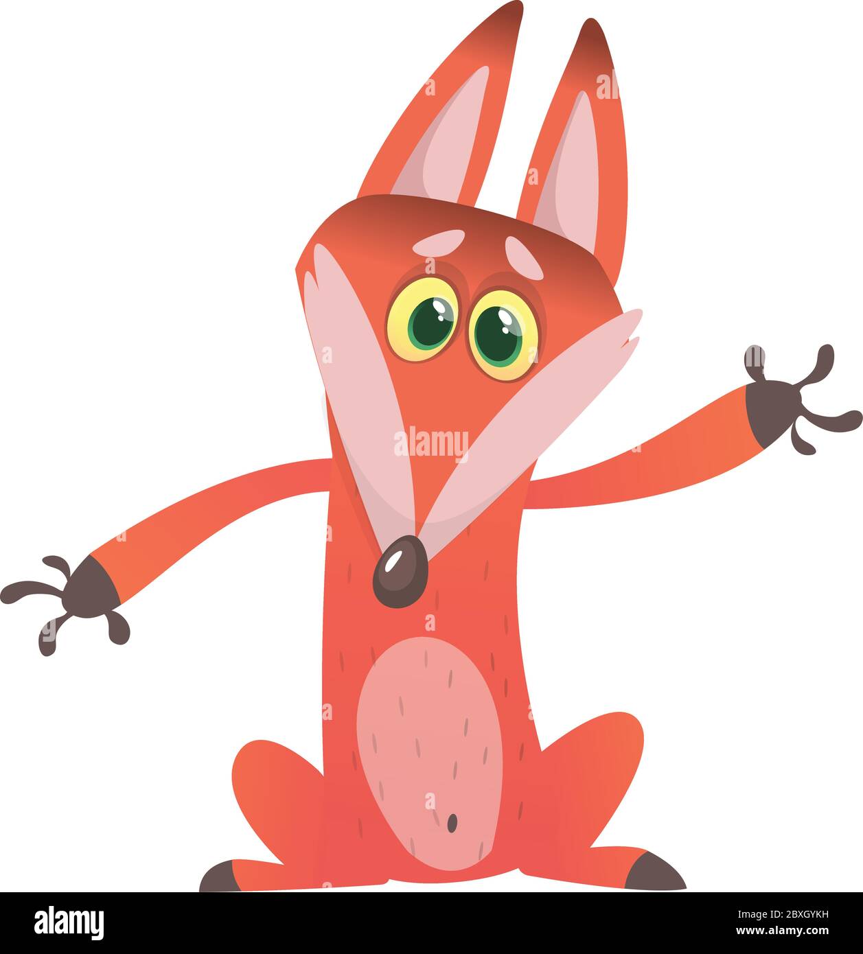 Cartoon red fox character presents with a hand, vector illustration ...