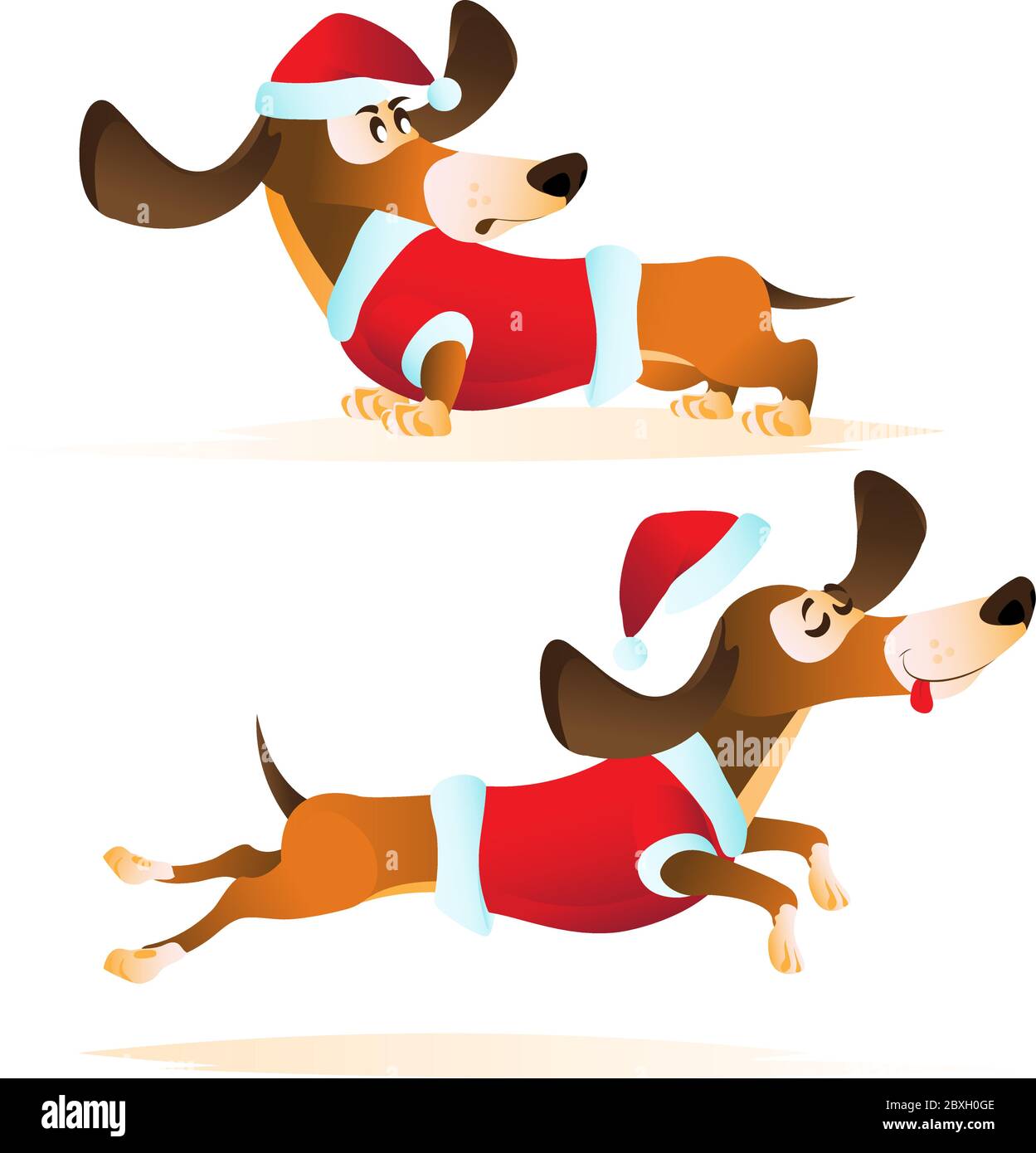 Cartoon brown dachshund in Santa's hat and red jacket in different ...