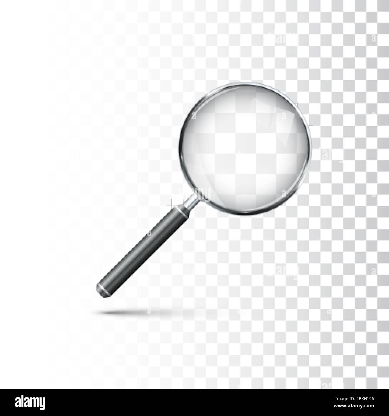Magnifying glass with metal frame and black handle. Realistic style icon. Vector illustration isolated on transparent background Stock Vector