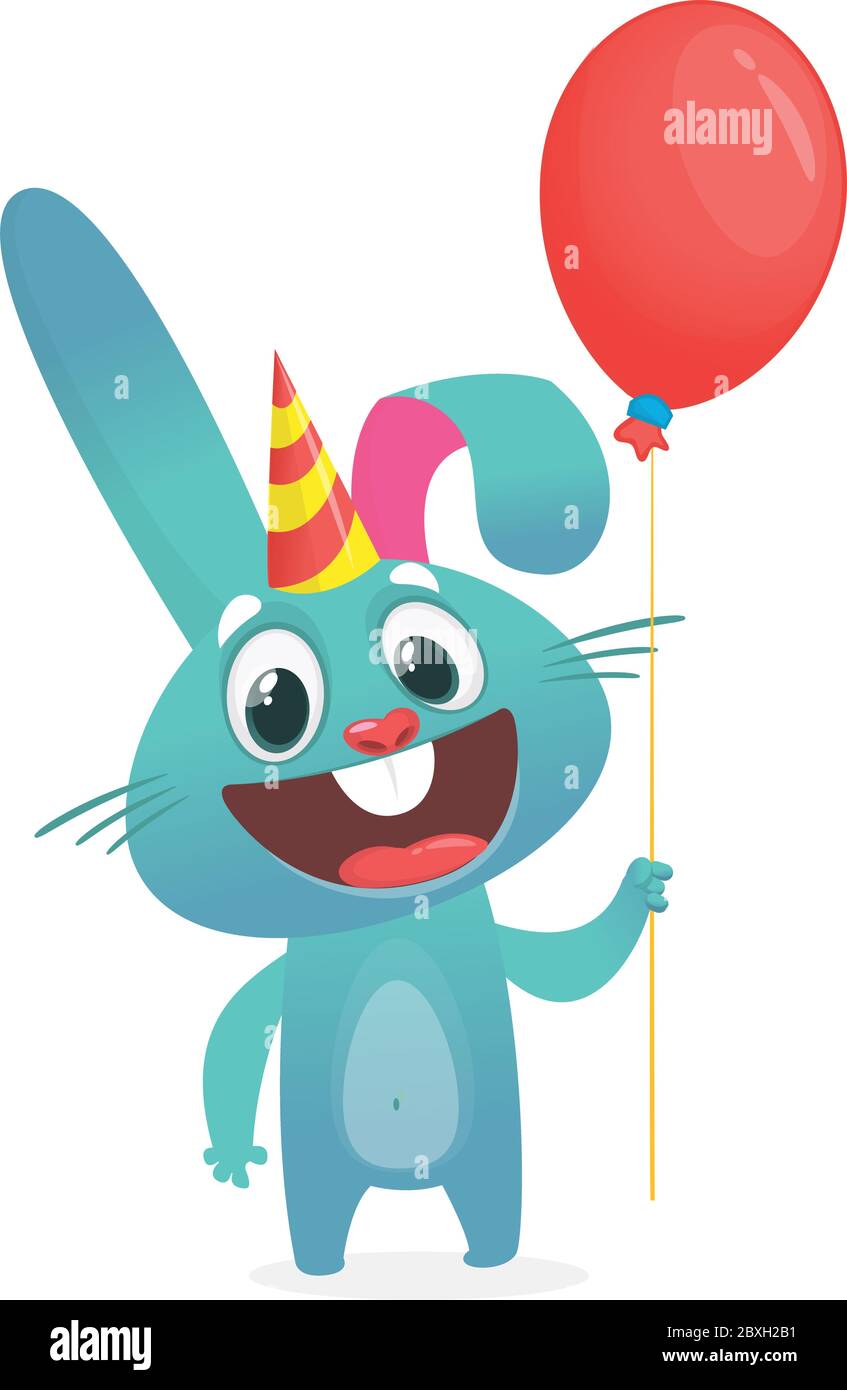 Vector illustration of a cute funny bunny holds air balloon. Birthday ...