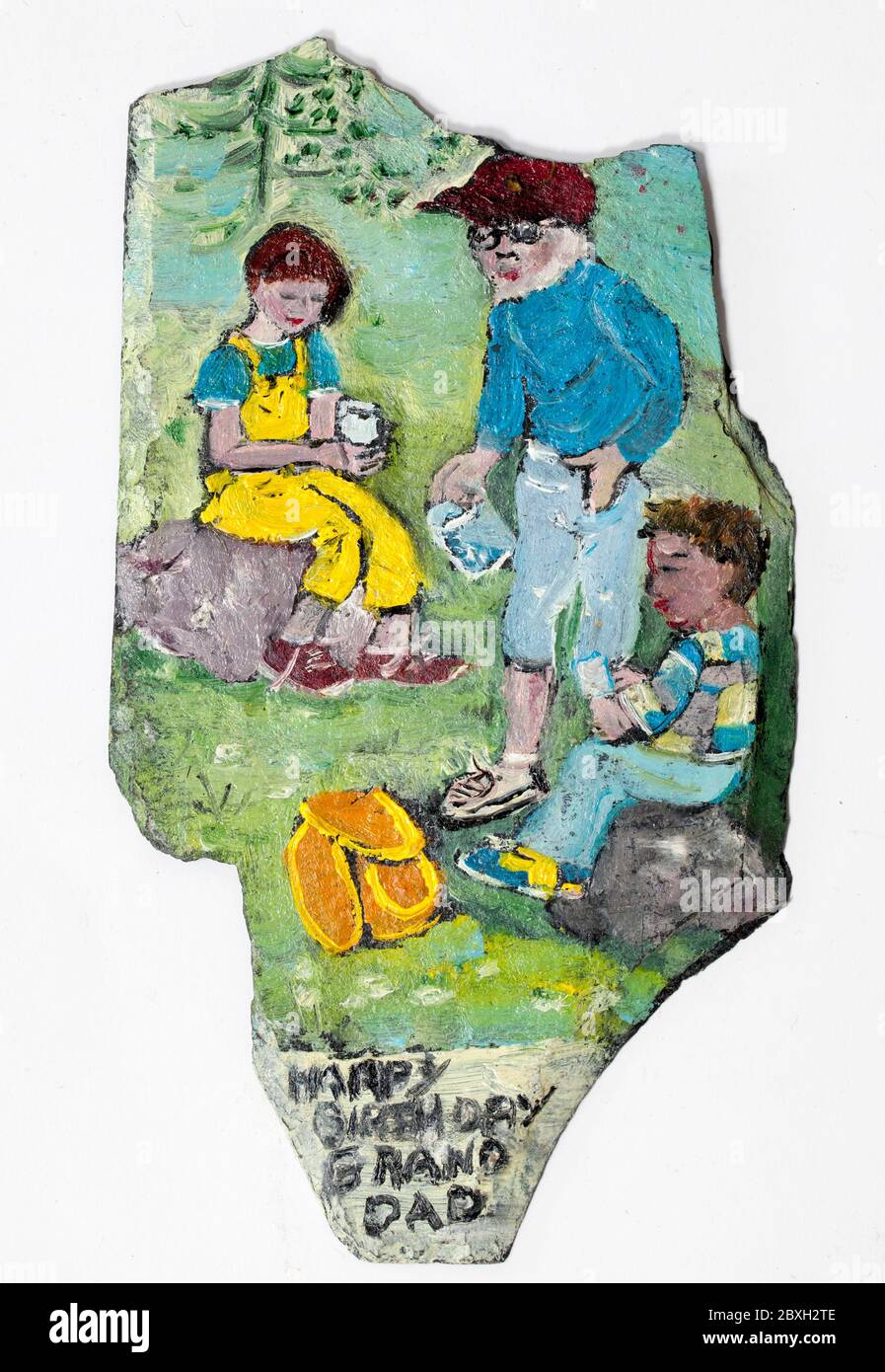Small Naive Painting on Slate Stock Photo