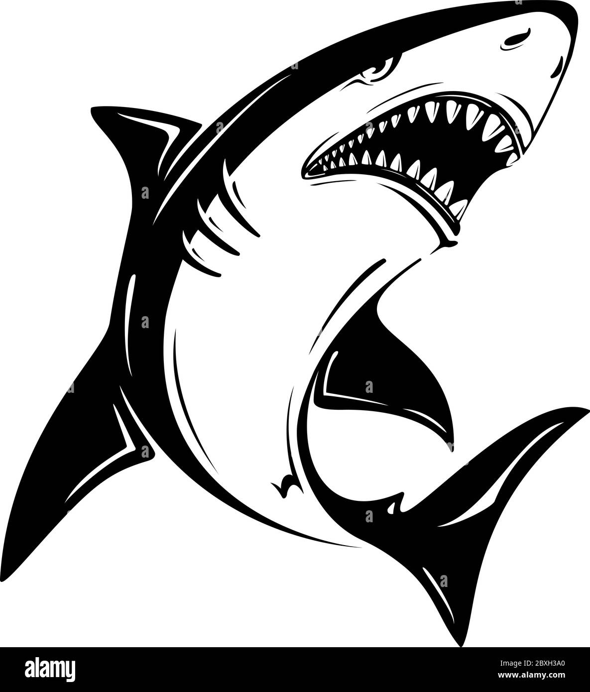 Angry black shark vector illustration isolated on white background. Perfect to use for printing on tshirts, mugs, caps, logos, mascots or other advert Stock Vector