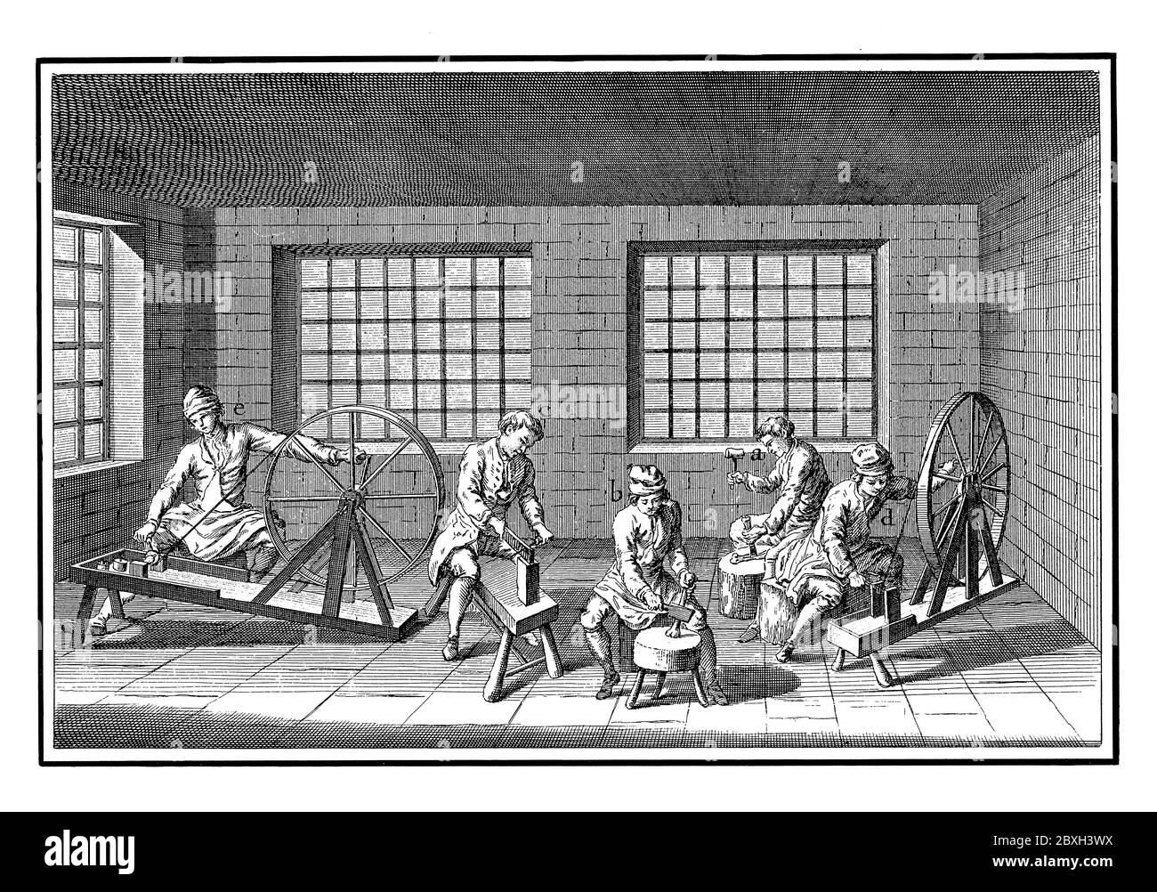 18th century illustration of a workshop where workers make rosaries, the beads and ornaments of which are fashioned of bone and wood. Published in 'A Stock Photo