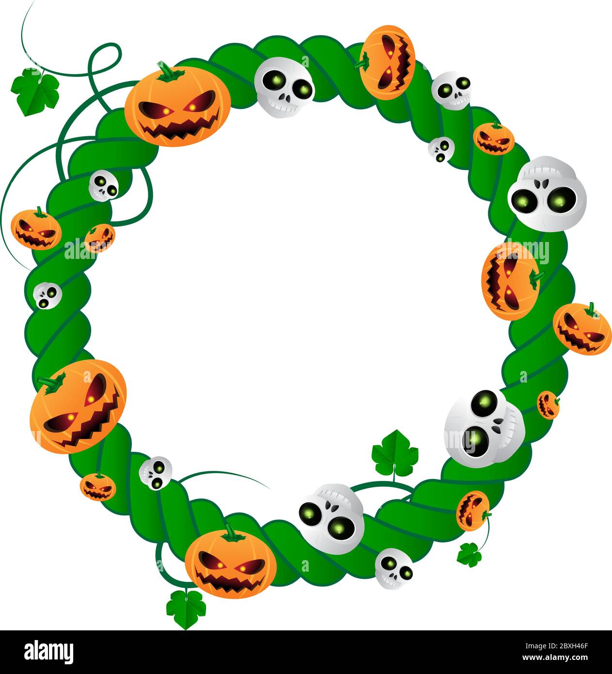 Vector round frame for Halloween holiday of green plant with skulls and ...