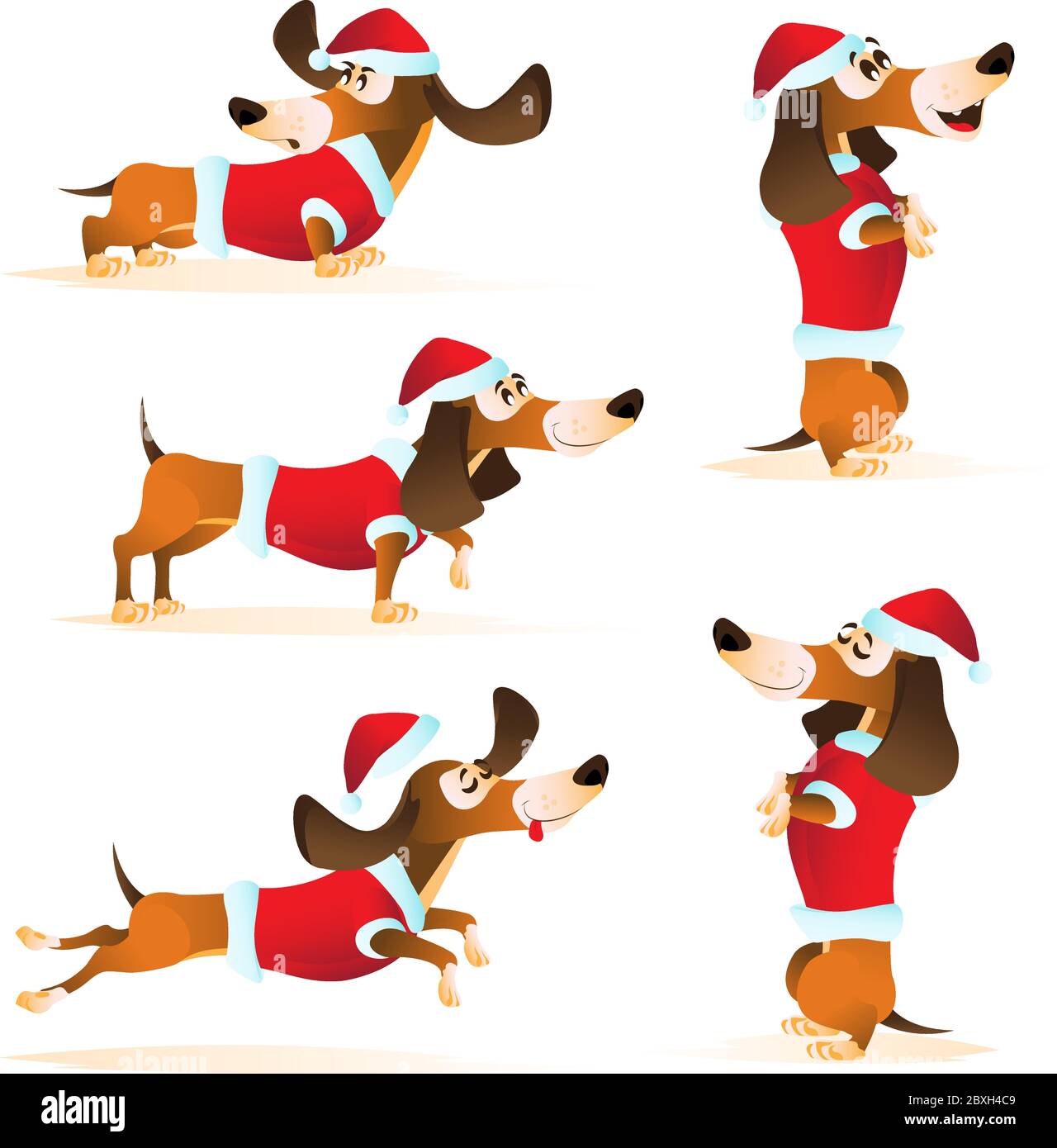 Set of cartoon brown dachshund in Santa's hat and red jacket in ...