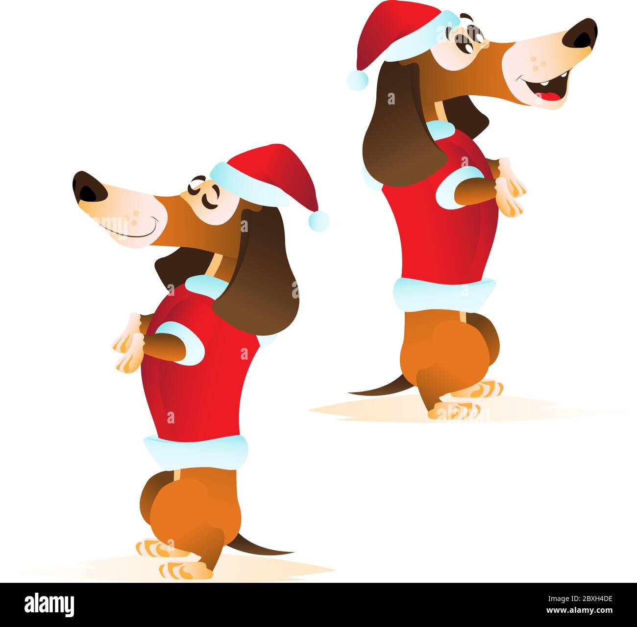 Cartoon brown dachshund in Santa's hat and red jacket in different ...