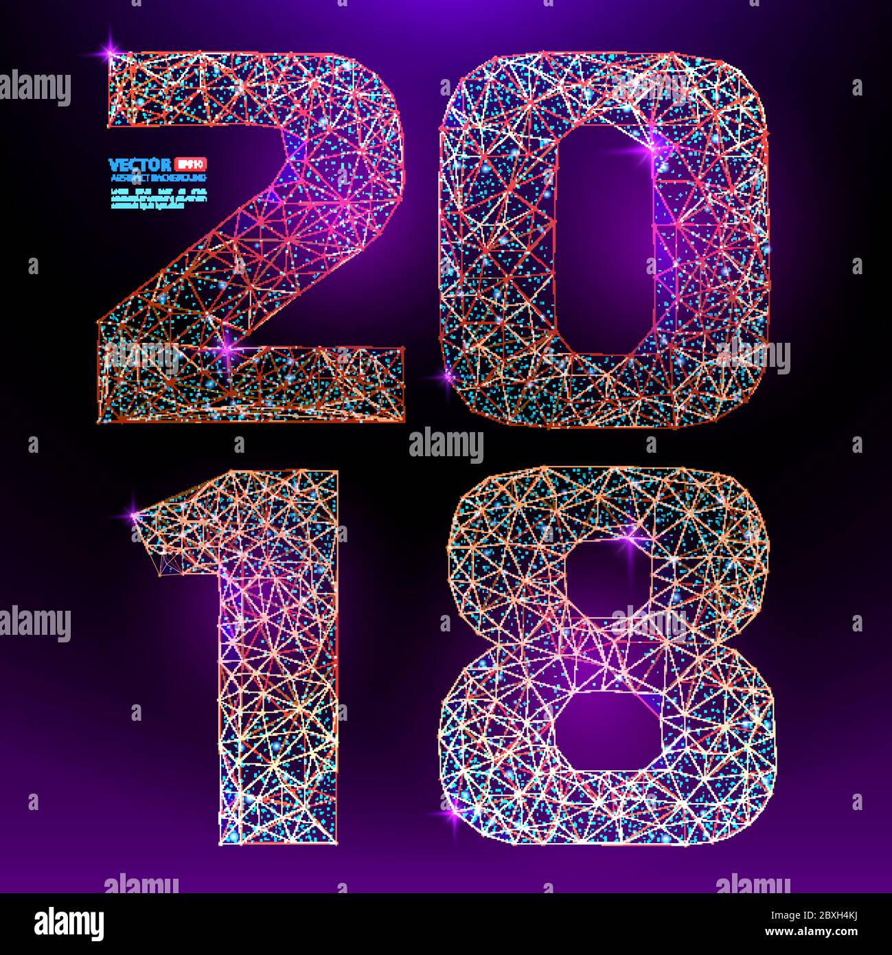 Abstract polygonal numbers for New Year 2018 with texture of starry sky or space universe. Vector illustration of wireframe numbers consisting of poly Stock Vector