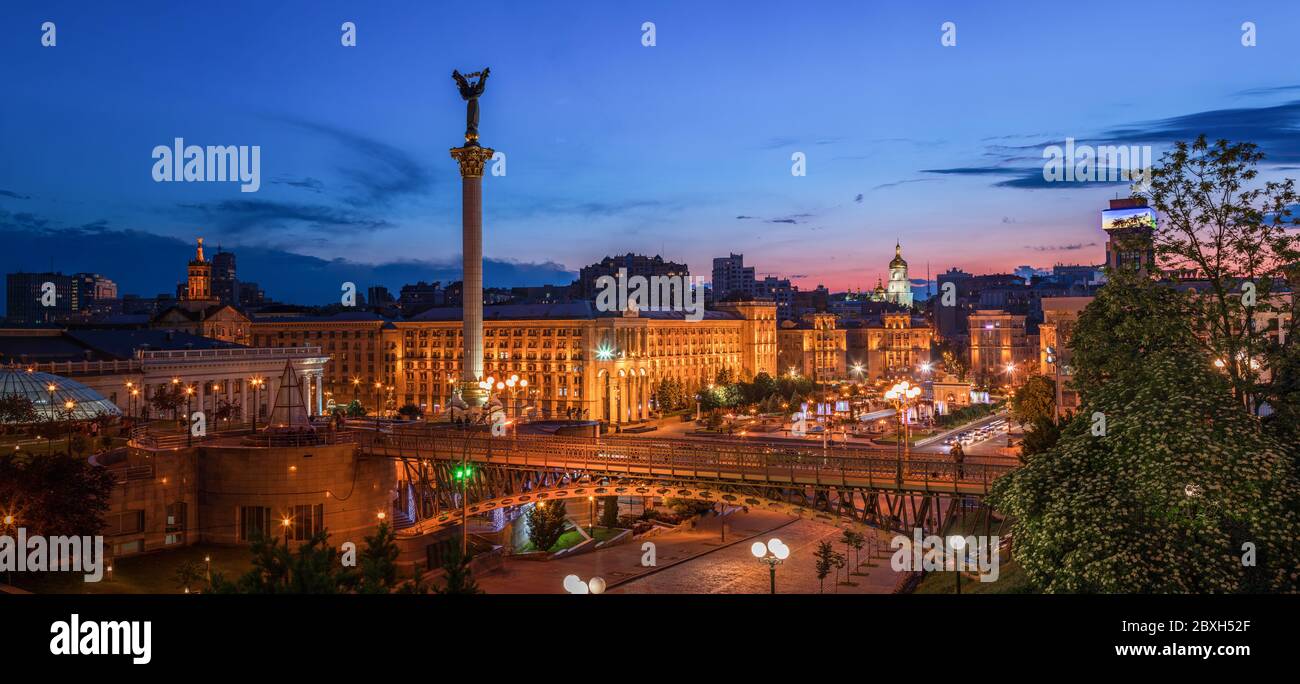 Independence Square in the centre of Kyiv city at sunset. Stock Photo