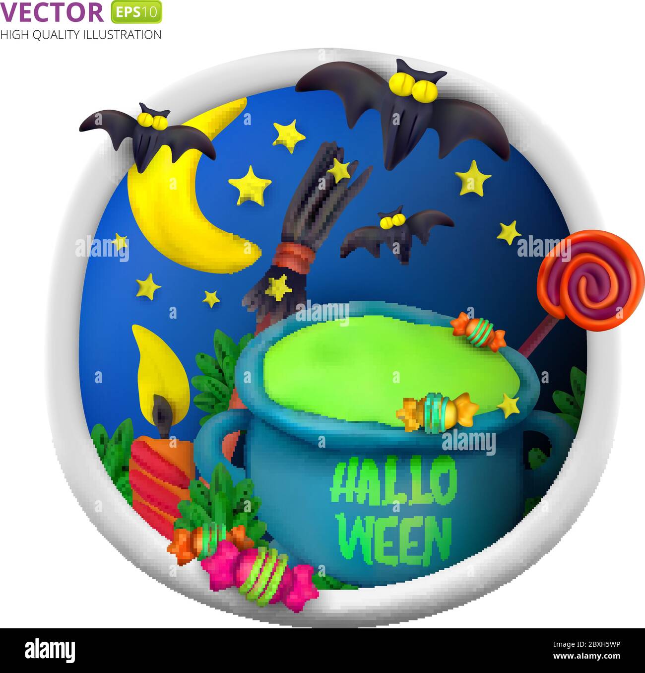 Handmade vector Plasticine round greeting card for Halloween. Vector illustration of moon, bat, cauldron, candle candy, broom and lollipop isolated on Stock Vector