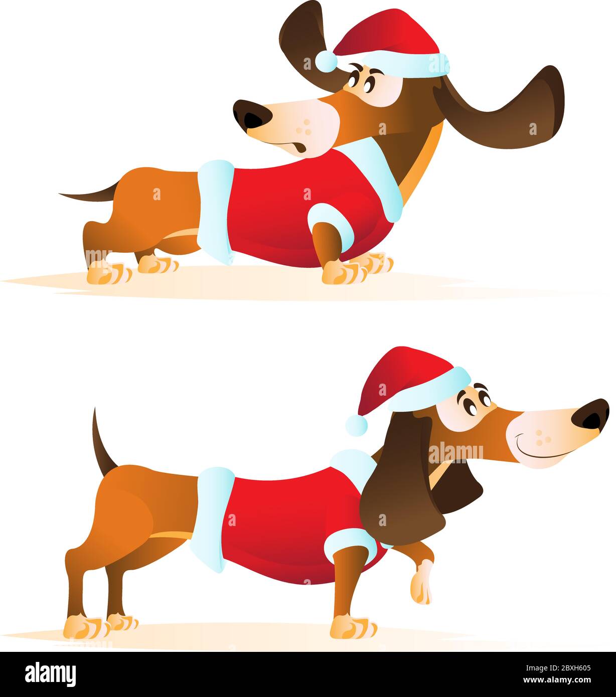 Cartoon brown dachshund in Santa's hat and red jacket in different ...