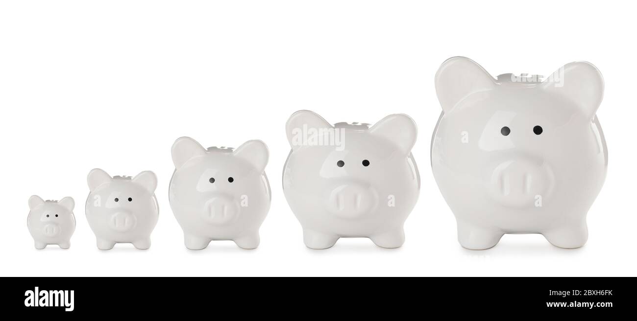 Cute piggy banks of different sizes on white background Stock Photo Alamy