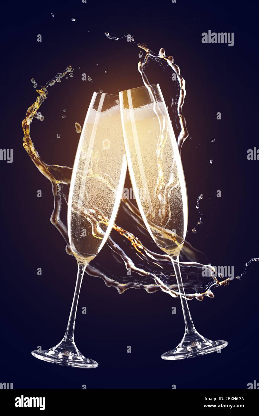 Clinking glasses of champagne with splash on dark background Stock