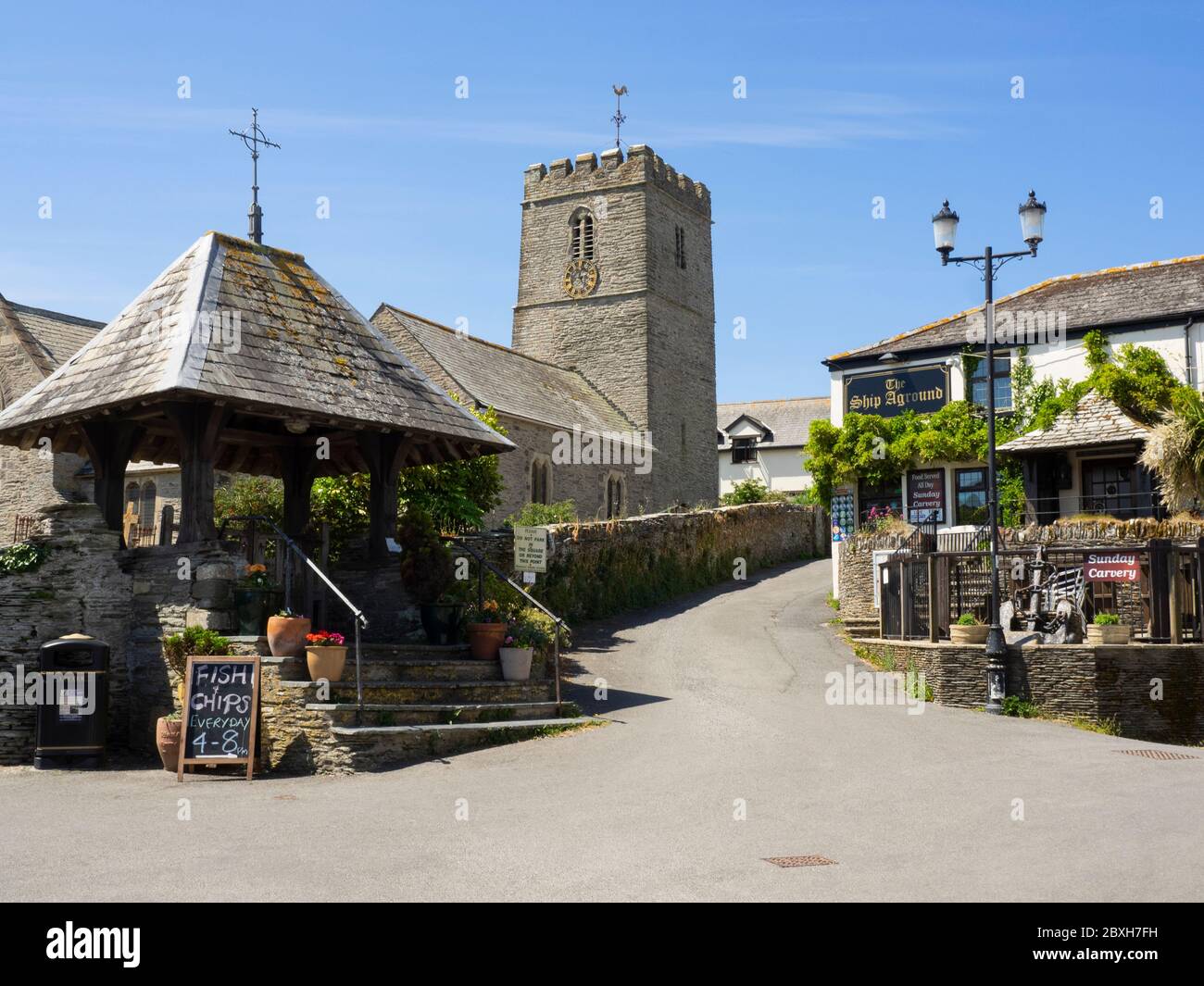 St Mary's Church and the Ship Aground pub in the village centre, Mortehoe, North Devon, UK Stock Photo