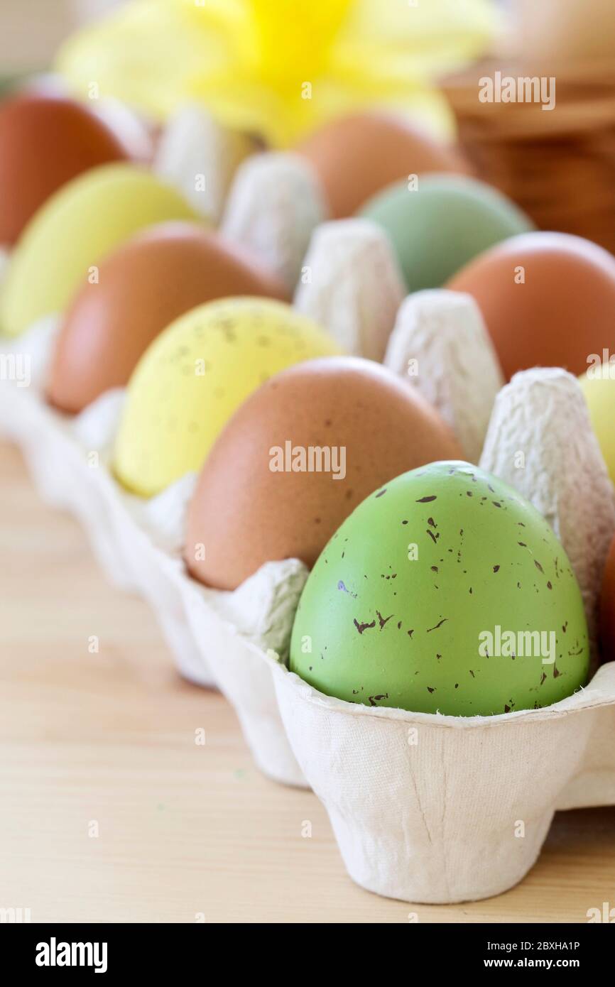 Colorful Easter eggs in paper box. Festive decor Stock Photo