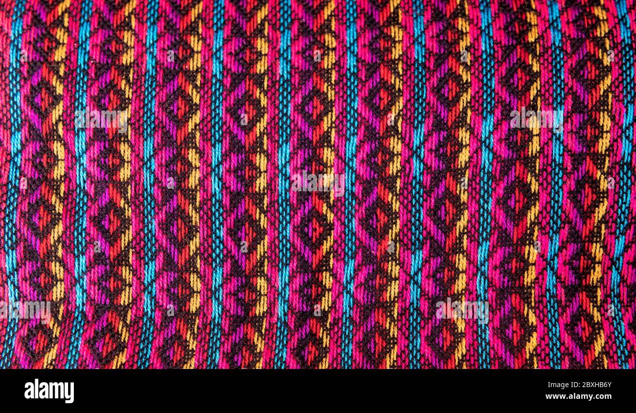Close up of a Mayan textile and fabric on the local handicraft market of San Cristobal de las Casas, Chiapas, Mexico. Stock Photo