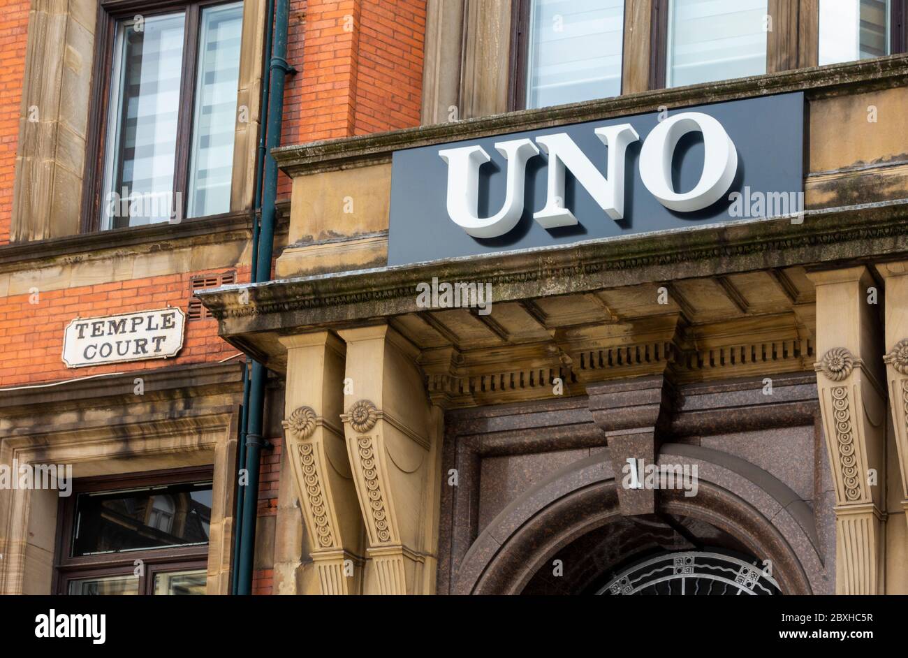 Entrance to the Uno Building on Temple Court in Liverpool Stock Photo