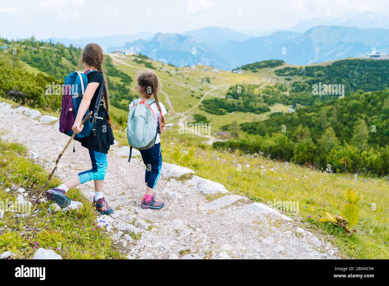 Children hiking on beautiful summer day in alps mountains Austria ...