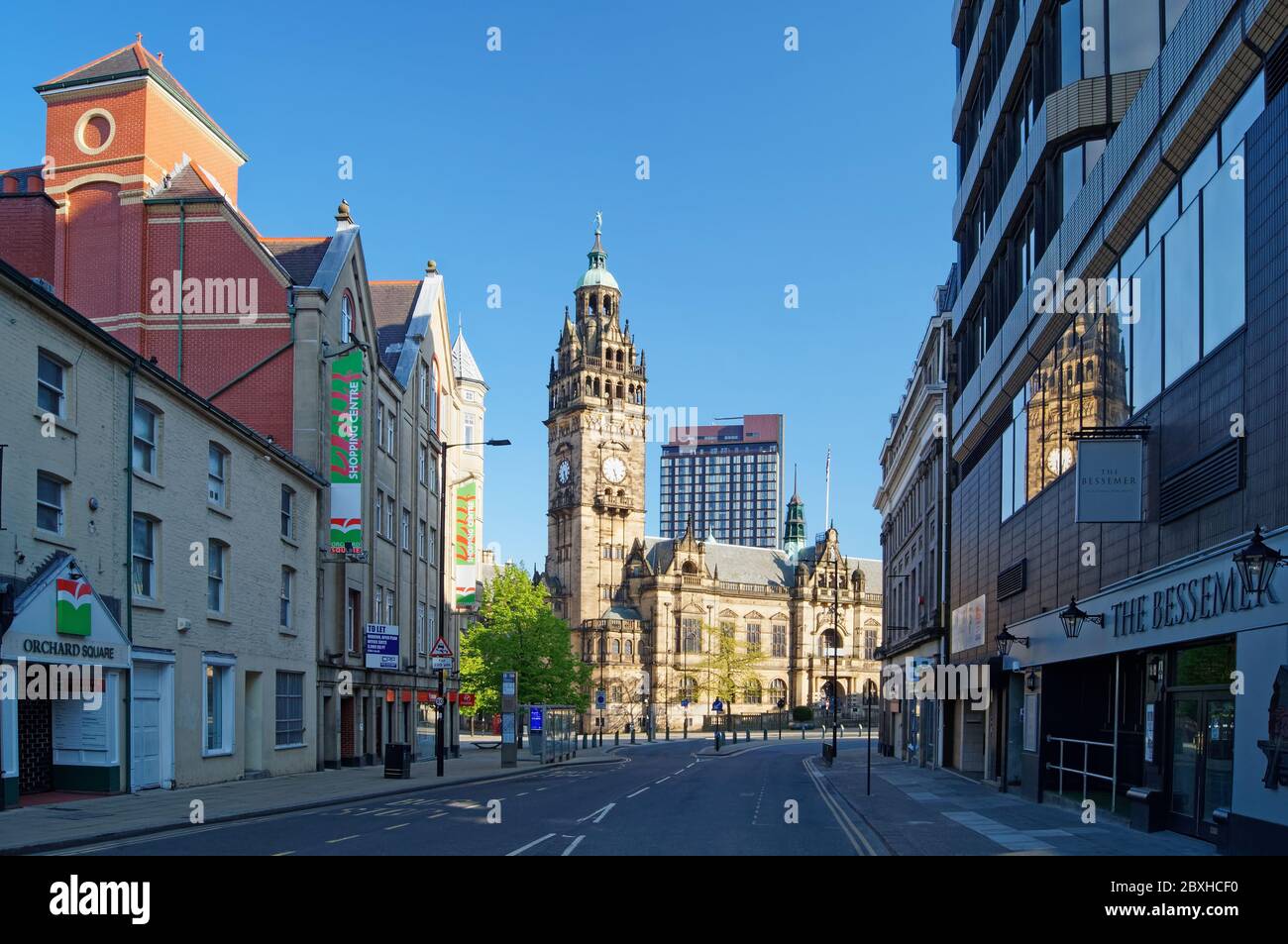 UK,South Yorkshire,Sheffield,Looking along Leopold Street towards Town Hall & St Pauls Tower