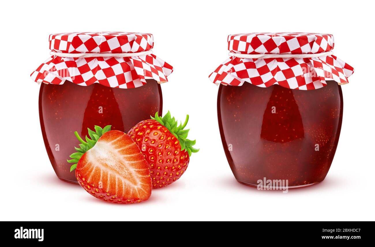 Jar of strawberry fruit jam isolated on white background Stock Photo
