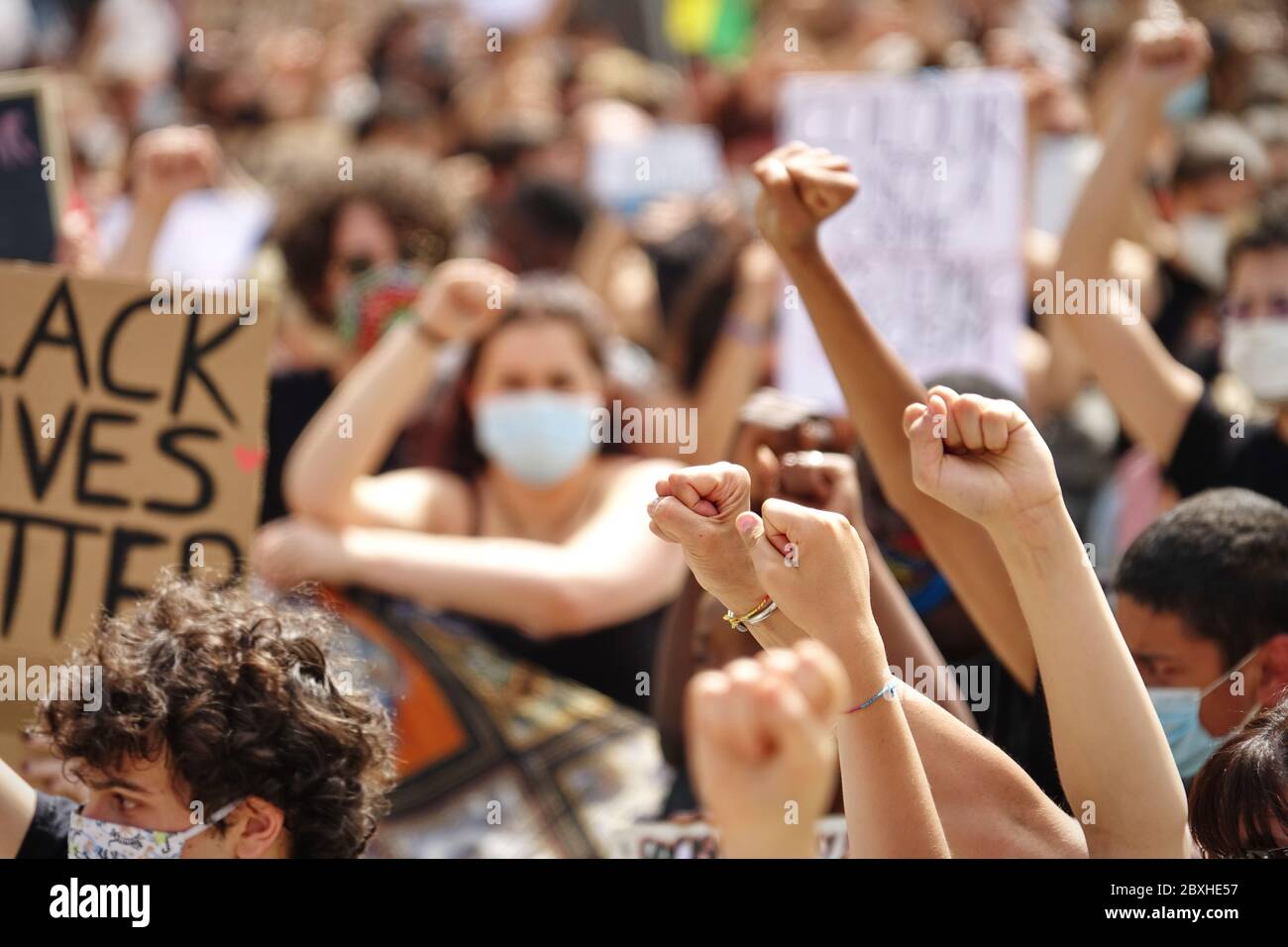 Peaceful protesters demonstrate against the death of George Floyd and all racial discrimination. Turin, Italy - June 2020 Stock Photo