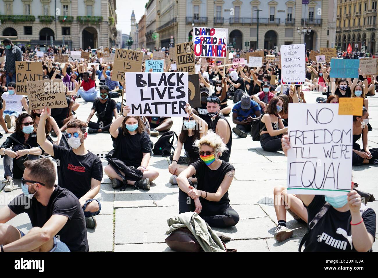 Peaceful protesters demonstrate against the death of George Floyd and all racial discrimination. Turin, Italy - June 2020 Stock Photo