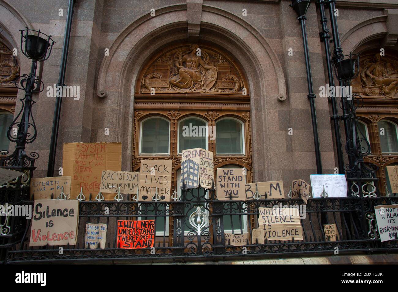 Manchester, UK. 7th June, 2020. Black lives matter Protest in Manchester UK Sunday the 7th of june placards left in Railings of Midland Hotel.Today's protest was one of three due to take place in Manchester over the weekend as part of the Black Lives Matter Movement. Picture Credit: Gary Roberts/Alamy Live News Stock Photo