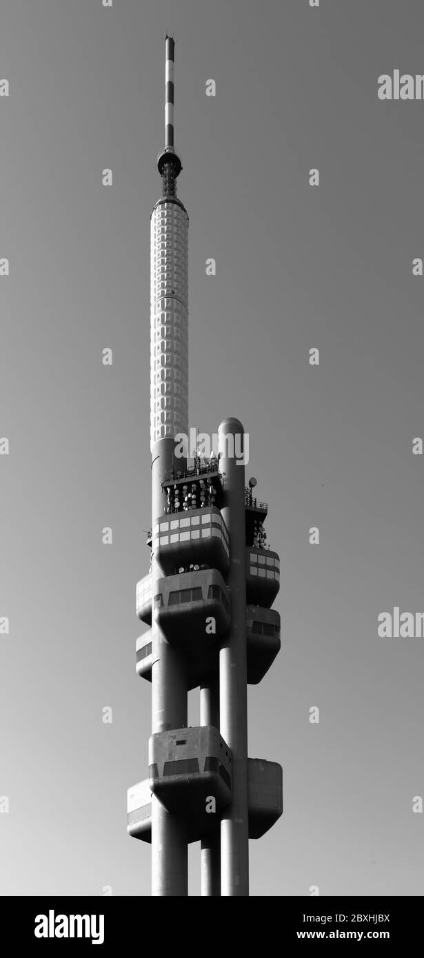 PRAGUE, CZECH REPUBLIC - AUGUST 17, 2018: Zizkov Television Tower in Prague, Czech Republic. Black and white image. Stock Photo