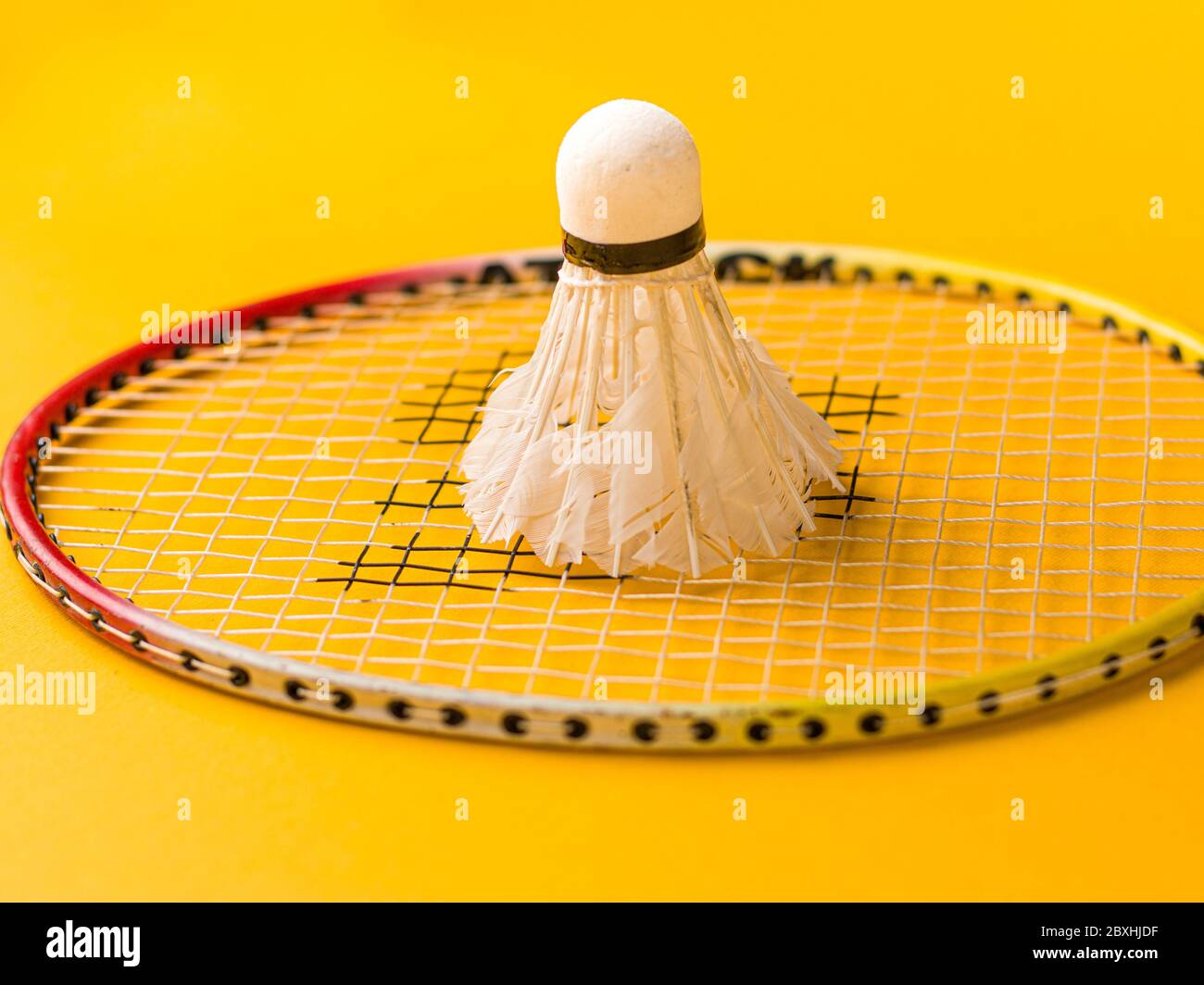 Badminton racket and White Feather Shuttlecock with a colour green
