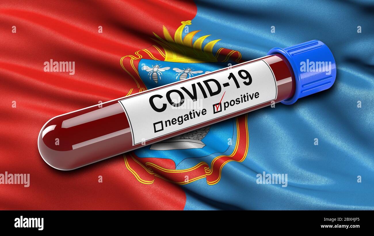 Flag of Tambov Oblast waving in the wind with a positive Covid-19 blood test tube. Stock Photo