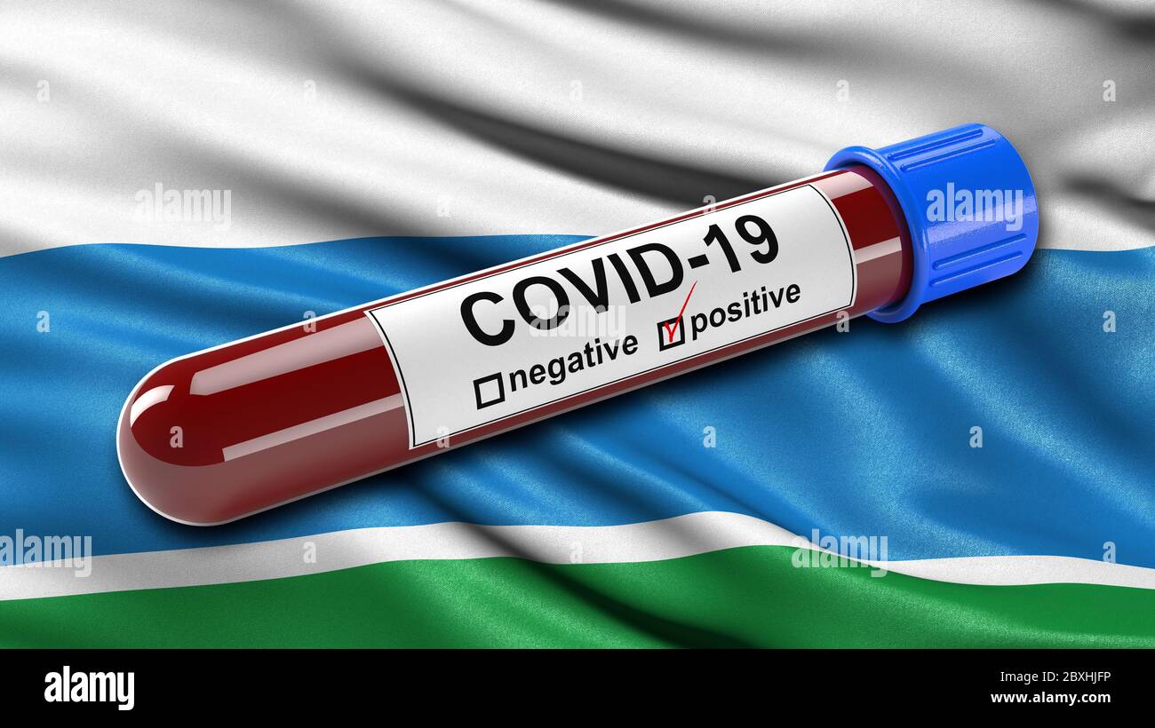 Flag of Sverdlovsk Oblast waving in the wind with a positive Covid-19 blood test tube. Stock Photo