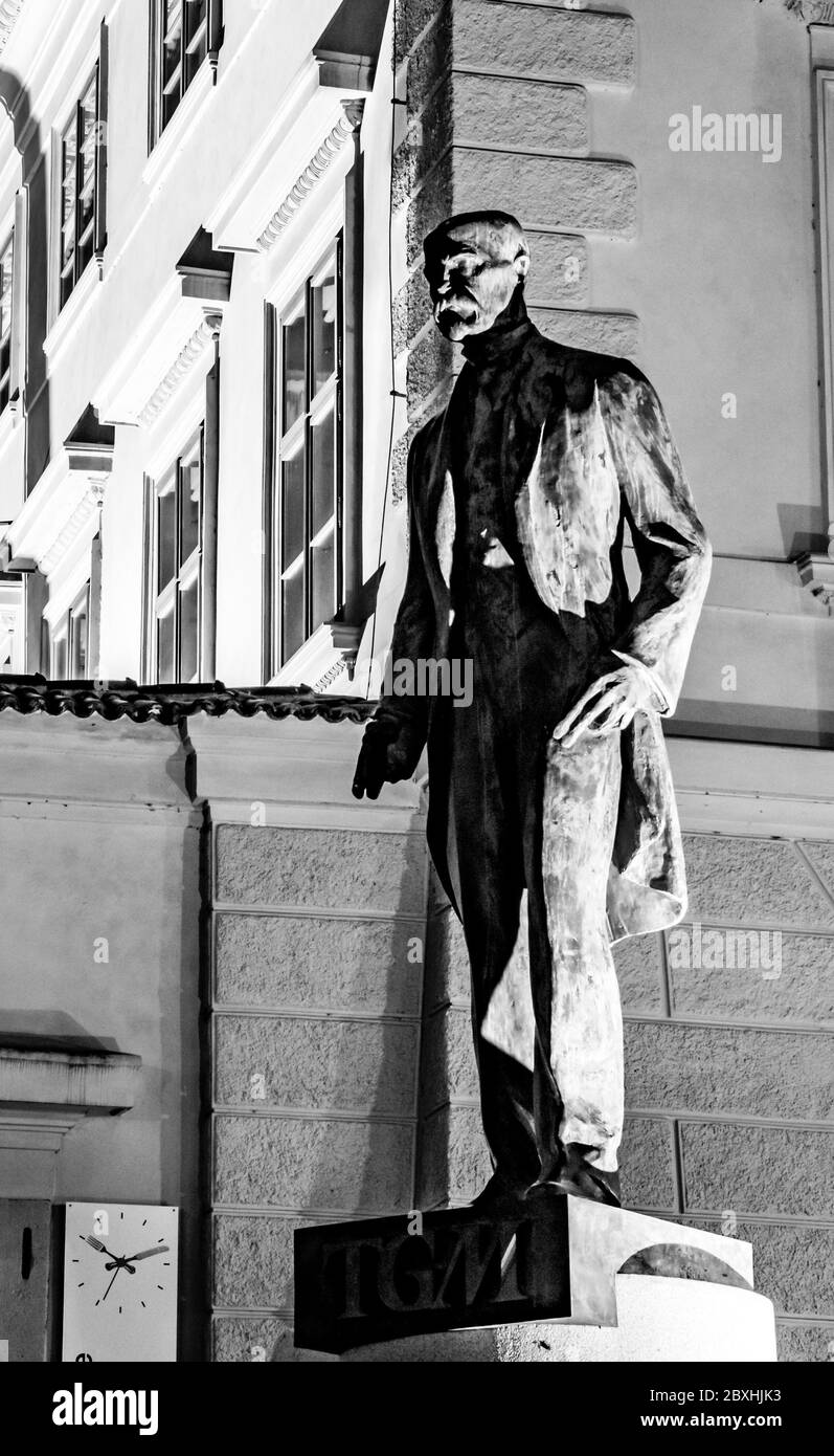 PRAGUE, CZECH REPUBLIC - OCTOBER 11, 2018: The first president of Czechoslovakia - Tomas Garrigue Masayk, alias TGM, statue at Hradcanske square near Prague Castle, Prague, Czech Republic. Black and white image. Stock Photo