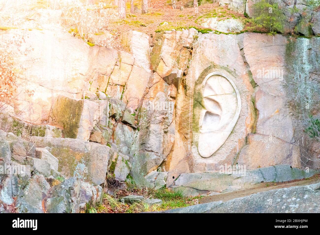 LIPNICE NAD SAZAVOU, CZECH REPUBLIC - DECEMBER 31, 2018: Bretschneider's Ear scuplture in old granite rock quarry near Lipnice Castle. Stock Photo