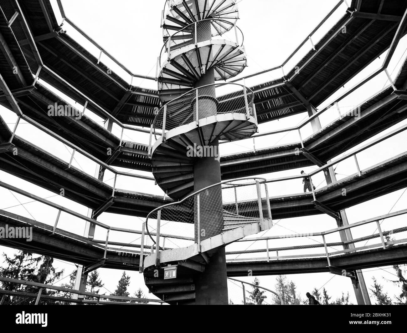 LIPNO NAD VLTAVOU, CZECH REPUBLIC - 26 September 2017. Spiral staircase in the middle of The Treetop Walkway, Lipno nad Vltavou, Czech Republic. Stock Photo