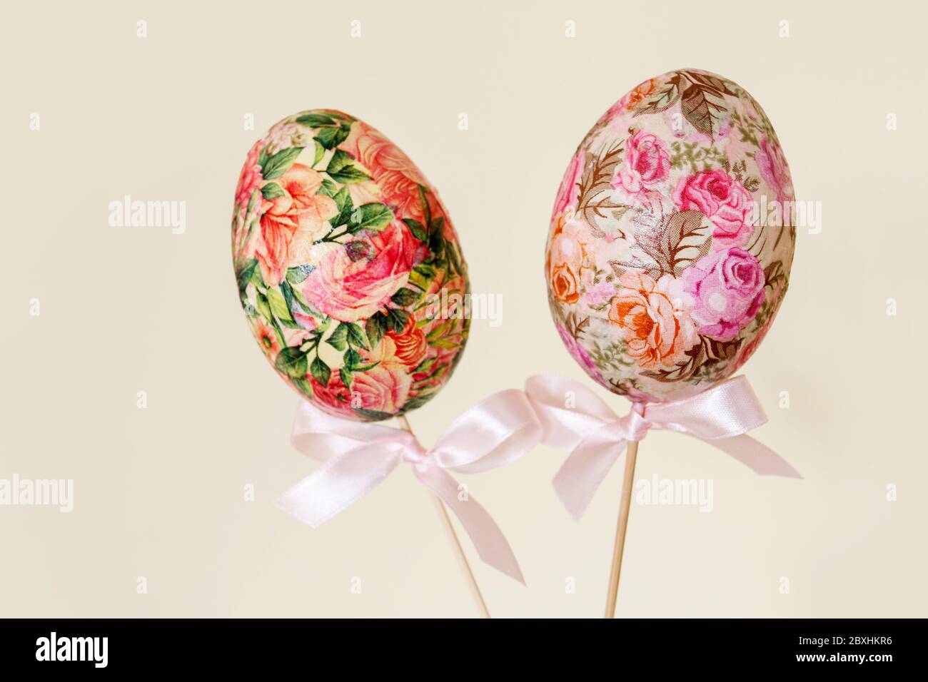 Easter eggs made with the decoupage technique. Festive decor Stock Photo