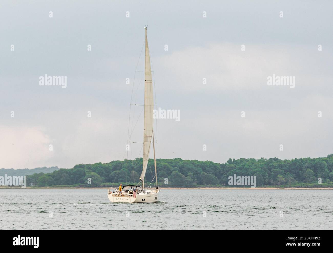 Sailing vessel, Arcadia under sail near Sag Harbor, NY Stock Photo
