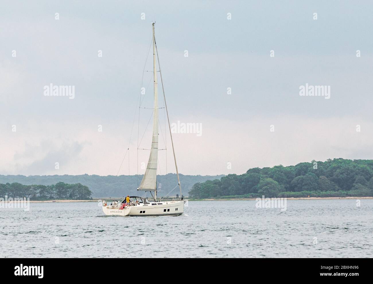 Sailing vessel, Arcadia under sail near Sag Harbor, NY Stock Photo