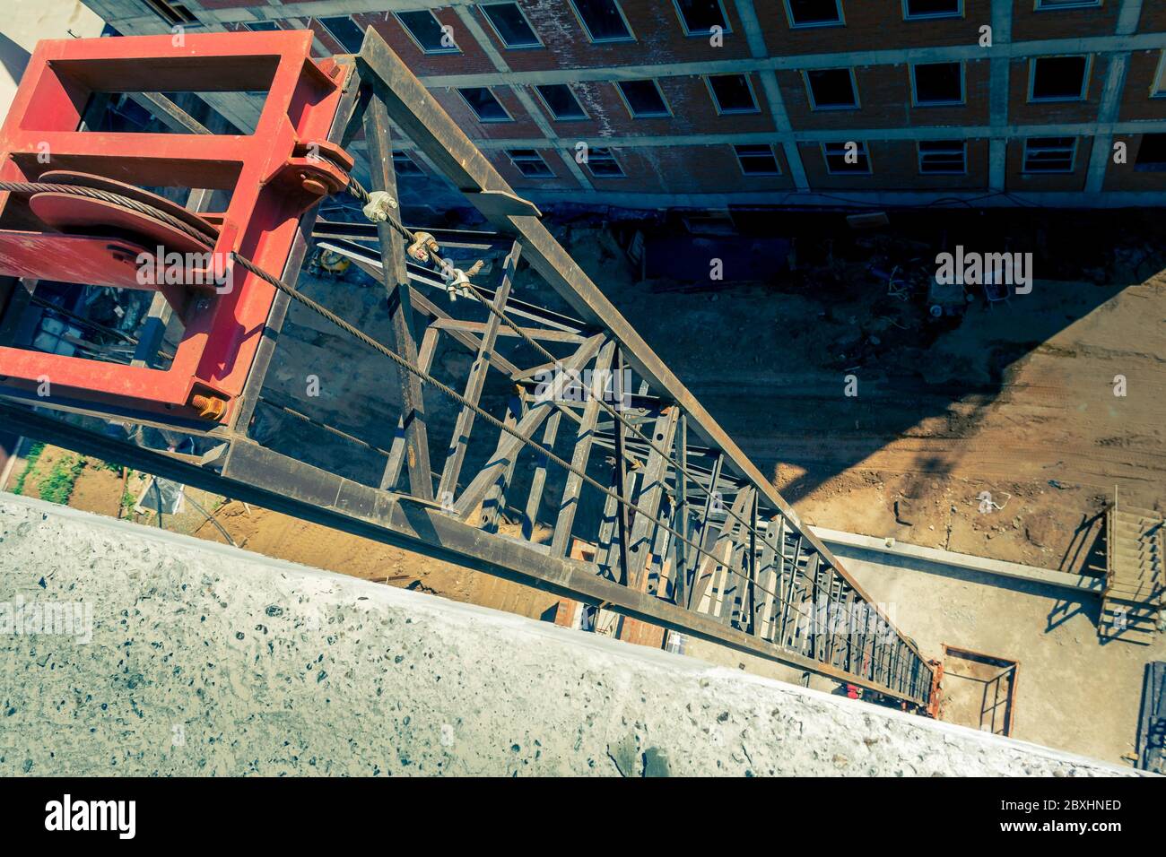 Construction elevator top view. Mechanism for lifting heavy loads at a construction site