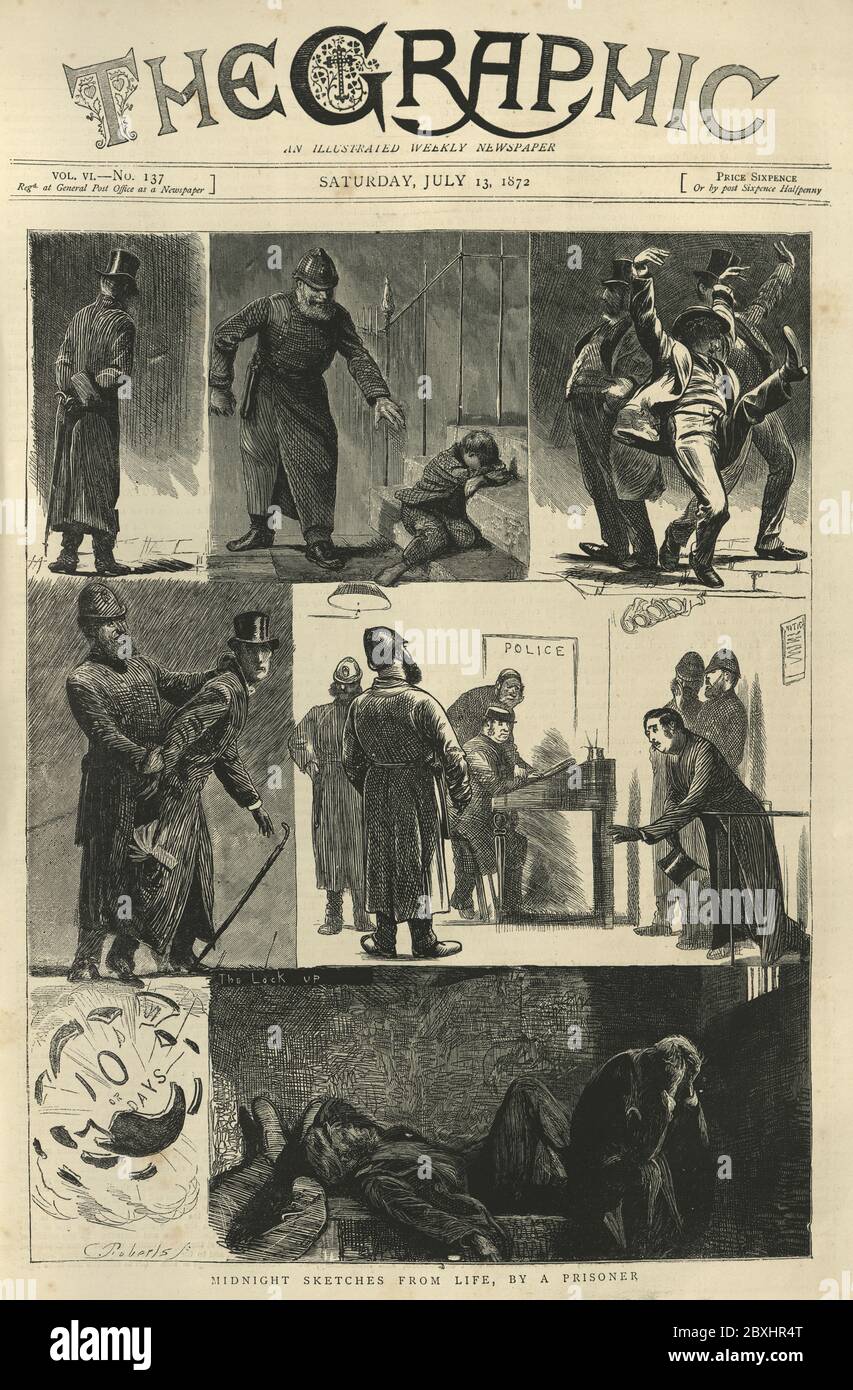 Front page of Graphic newspaper, 1872, Midnight sketches from life, by a prisoner. Victorian police officer patrolling streets of London at night. 19th Century Stock Photo