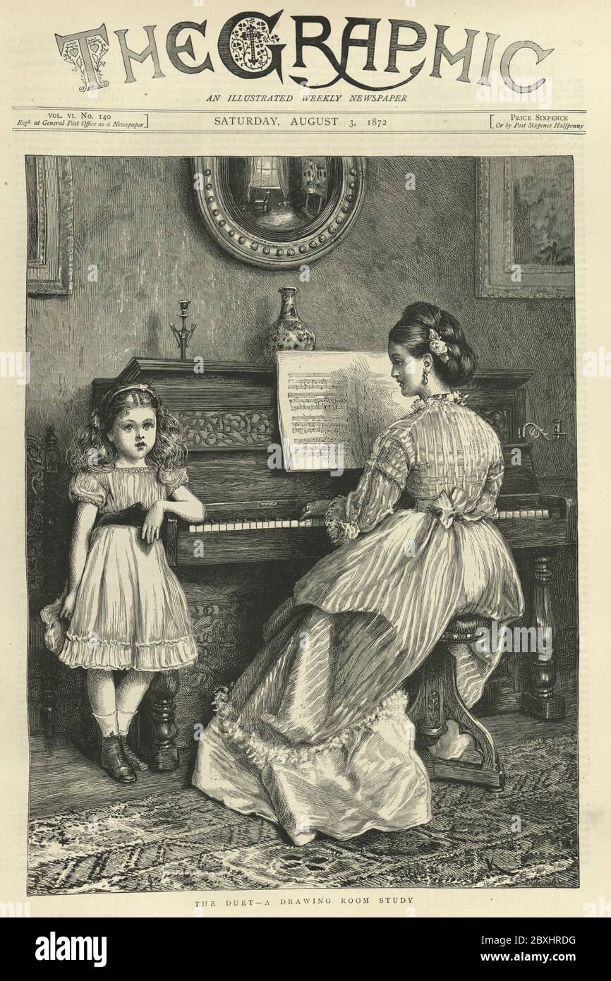 front page of the Graphic illustrated newspaper, 1872.  Mother playing piano while daughter sings. The Duet, A drawing room study Stock Photo