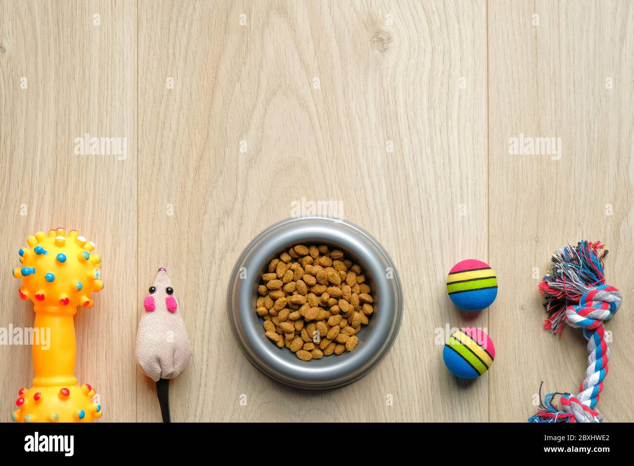 Download Pet Care And Training Concept Dry Food In Bowl And Accessories For Cat And Dog On Wooden Table Top View Pet Shop Banner Mockup Stock Photo Alamy