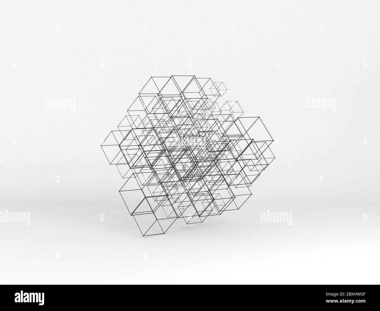 Abstract high-tech installation of random sized wire-frame cubes over white background. Digital cloudy data storage concept. 3d rendering illustration Stock Photo