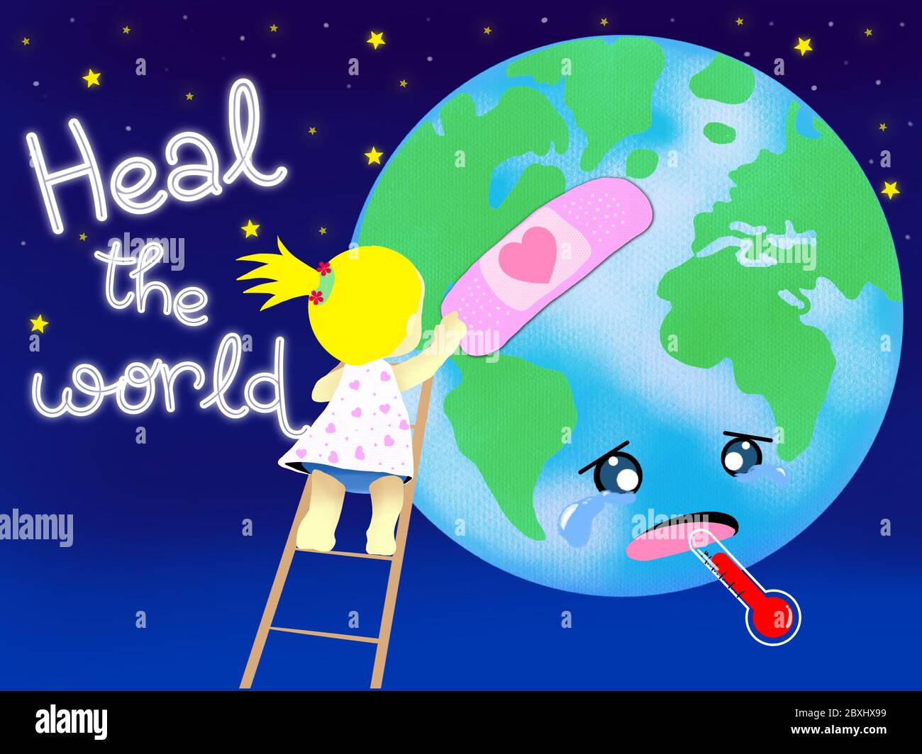 Heal the world theme, with a little kid and the globe in the night sky background Stock Photo