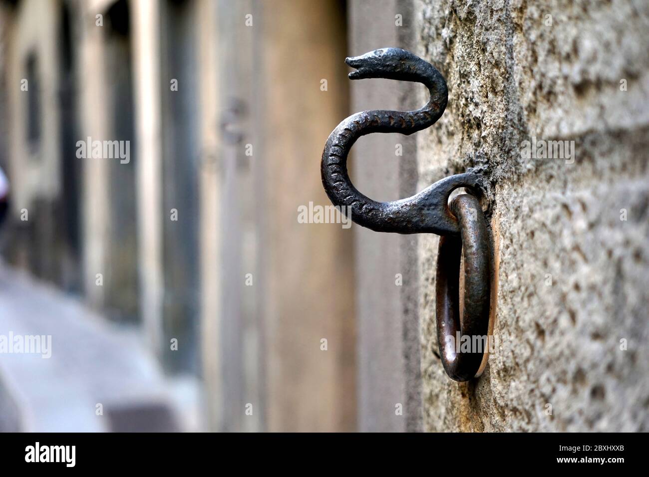 Old rusty snake sculpture wall ring for tie up horses at Bergamo, Italy. Stock Photo