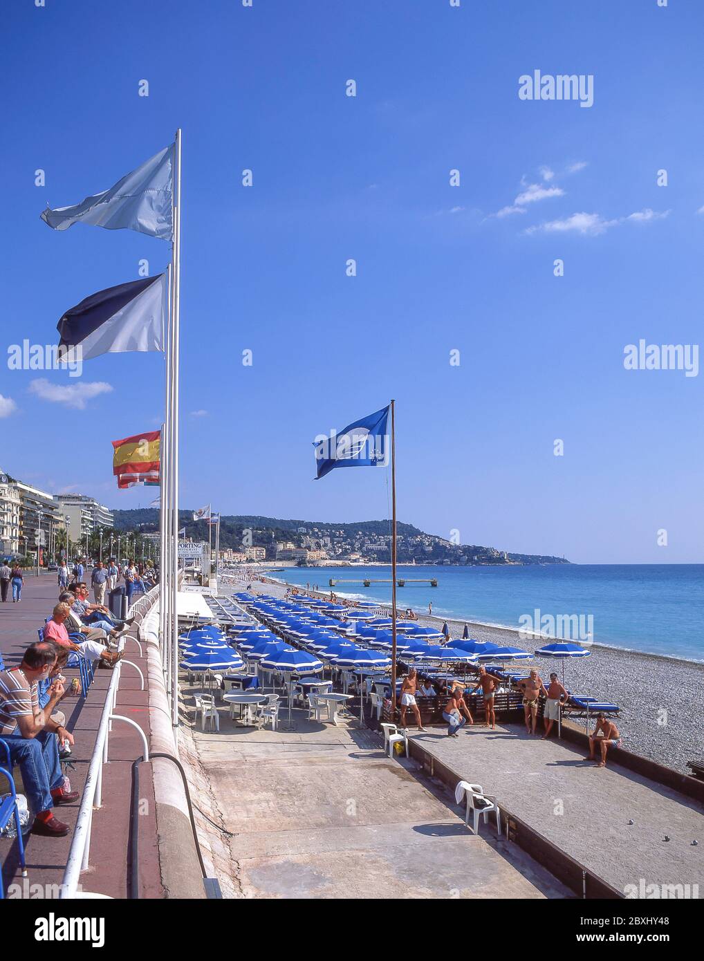 Game of boules at Splendid Hotel beach bar, Nice, Alpes-Maritimes, Provence-Alpes-Côte d'Azur, France Stock Photo