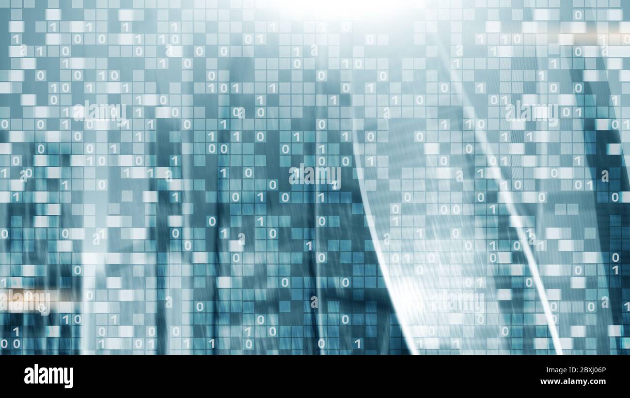 Digital code on blur city background. Abstract Binary code. Stock Photo